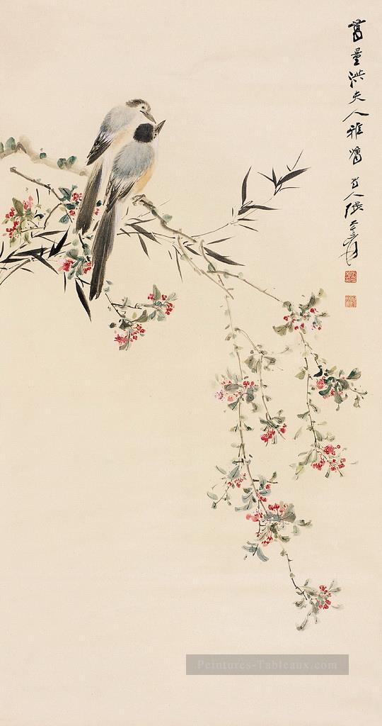 Chang Dai chien oiseaux sur les branches florales ancienne Chine à l’encre Peintures à l'huile